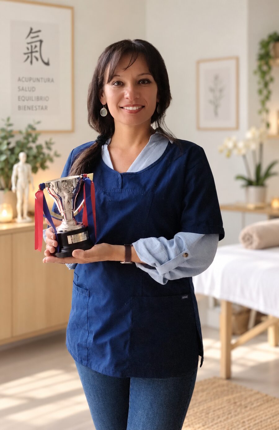 Rosanna Montes holding a sports trophy received from professional athletes